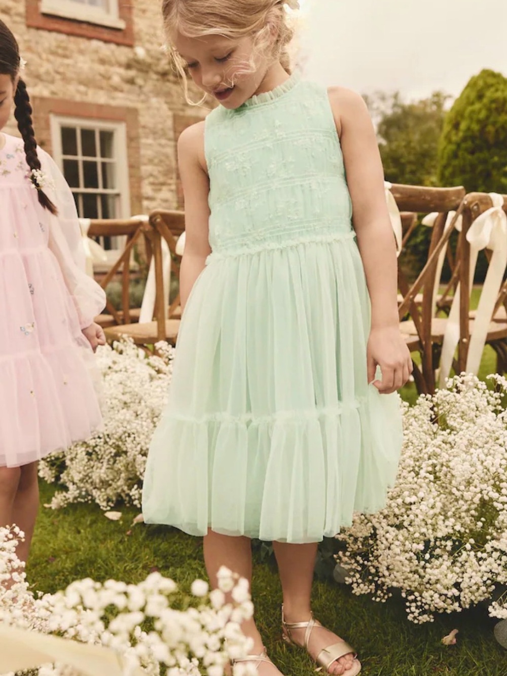 NEXT Sage Tiered Mesh and Lace Girls Dress- 6